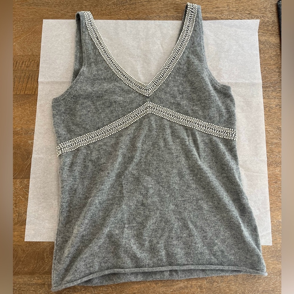 J. Crew 100% Cashmere Gray Beaded Tank Top - Large
